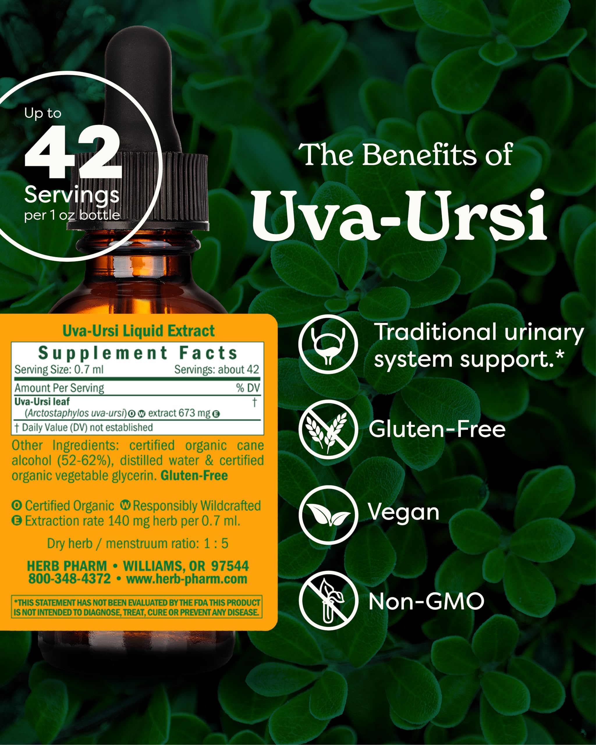 Herb Pharm Uva Ursi organic leaf herbal supplement bottle showcasing ingredients and facts