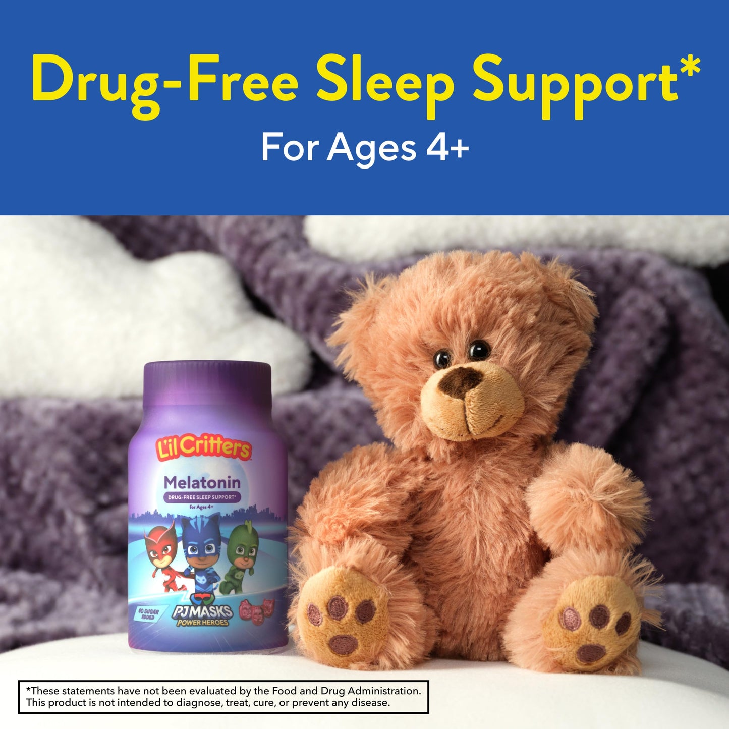 Close up of berry flavored character shaped sleep gummies for children