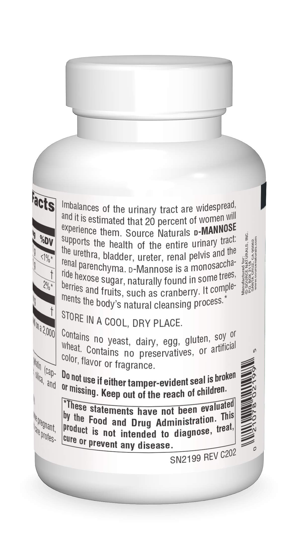 Source Naturals D-Mannose supplement bottle showing nutritional facts and ingredients list