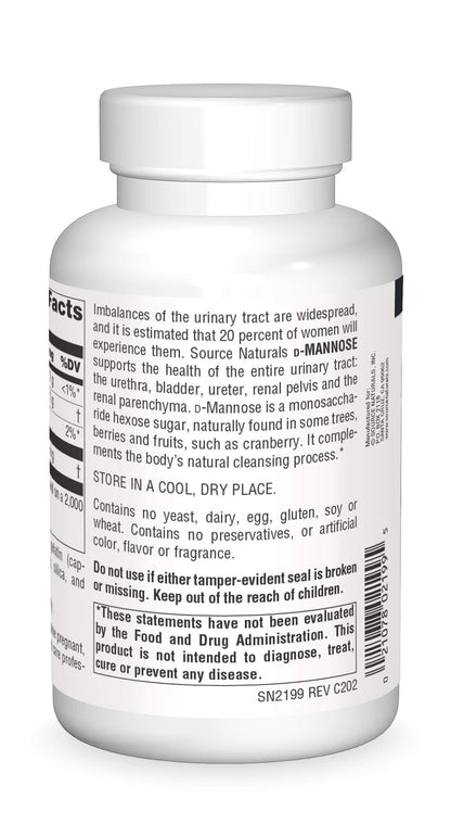Source Naturals D-Mannose supplement bottle showing nutritional facts and ingredients list