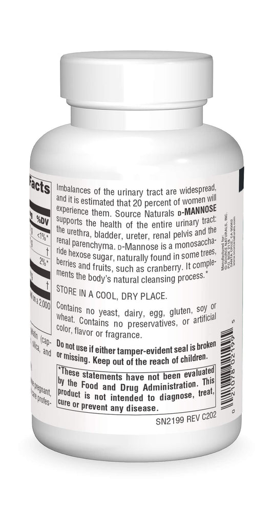 Source Naturals D-Mannose supplement bottle showing nutritional facts and ingredients list