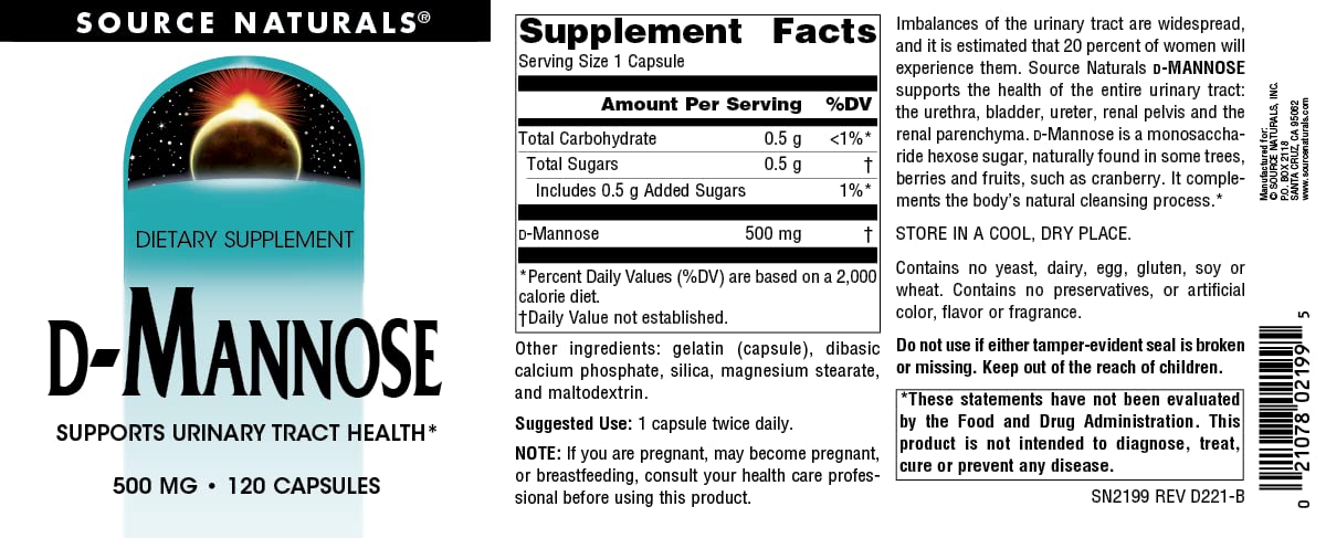 Source Naturals D-Mannose allergen free supplement label details and directions