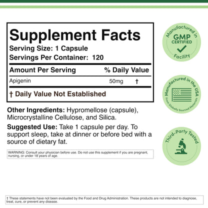 Double Wood Apigenin one hundred and twenty capsules dietary supplement packaging facts label