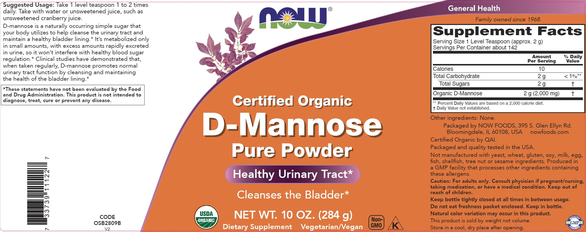 Side view of Now Foods D-Mannose powder container