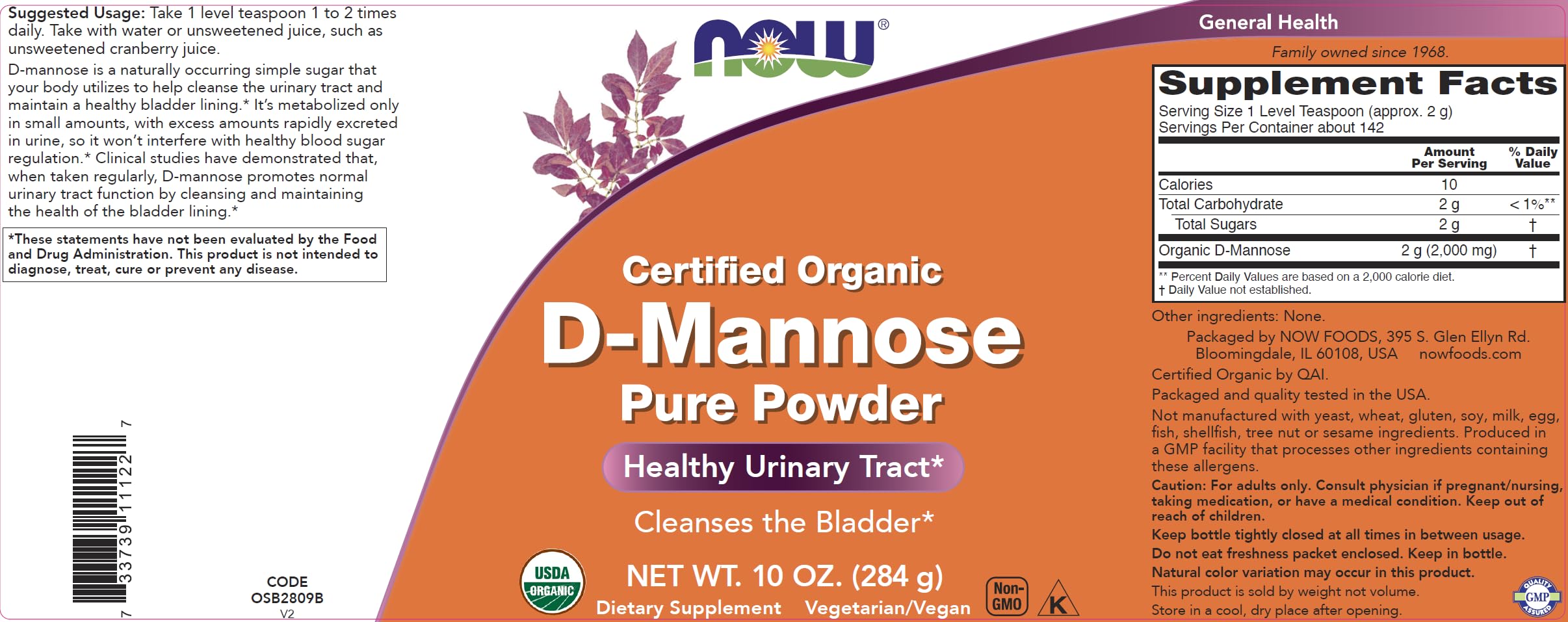 Side view of Now Foods D-Mannose powder container