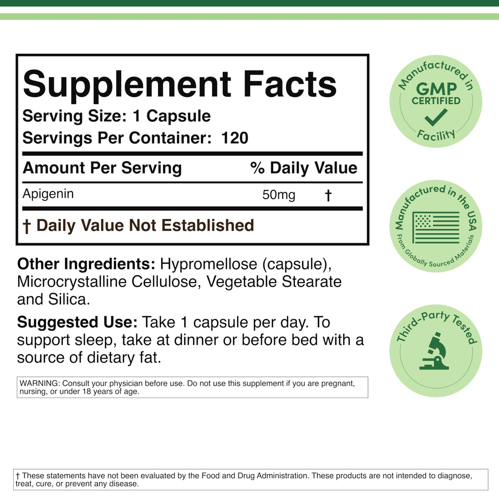 Natural chamomile bioflavonoid apigenin capsule bottle for healthy sleep cycles