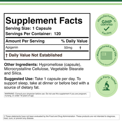 Natural chamomile bioflavonoid apigenin capsule bottle for healthy sleep cycles