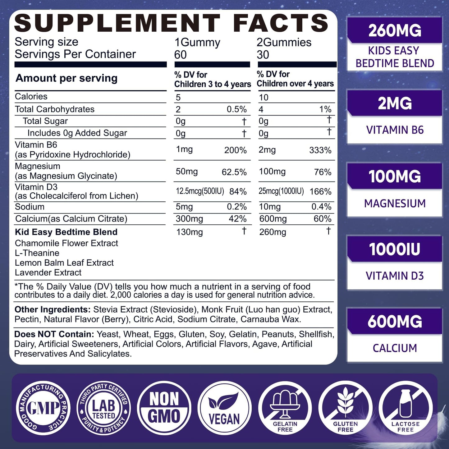 Lilicare melatonin free sleep supplements for children supplement facts panel