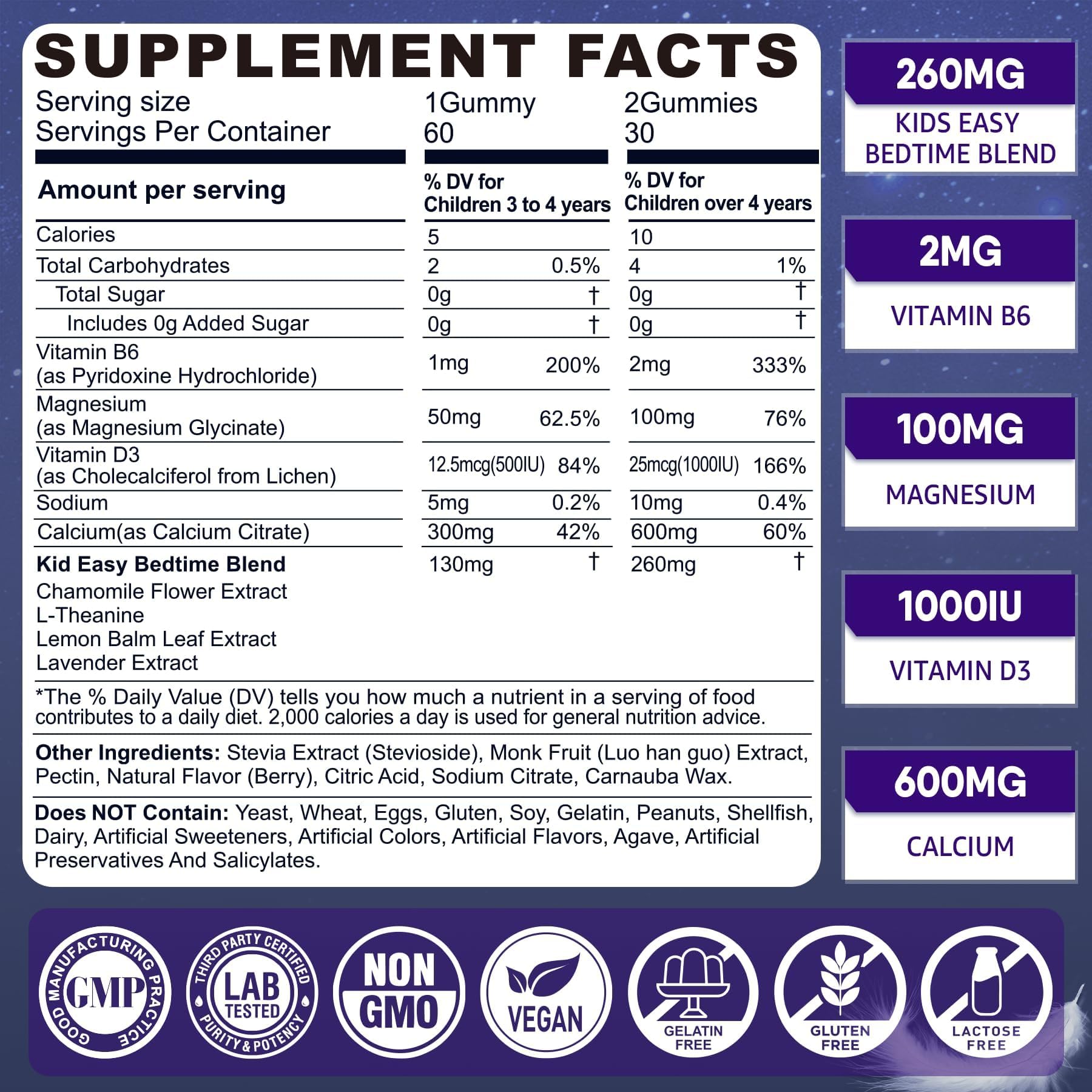 Lilicare melatonin free sleep supplements for children supplement facts panel