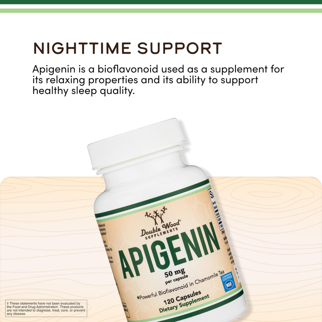 Double Wood Apigenin fifty milligrams antioxidant skin and cognitive support bottle closeup