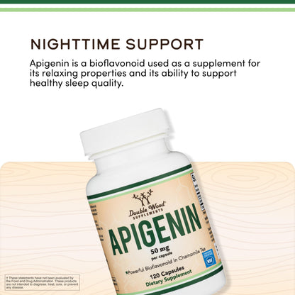 Double Wood Apigenin fifty milligrams antioxidant skin and cognitive support bottle closeup