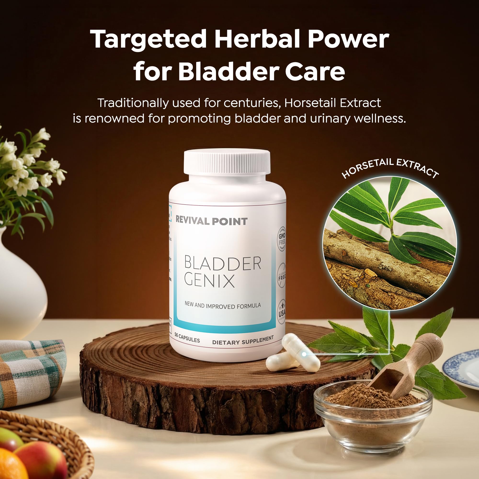 Side view of Revival Point Bladdergenix 56 capsules packaging for pelvic floor wellness