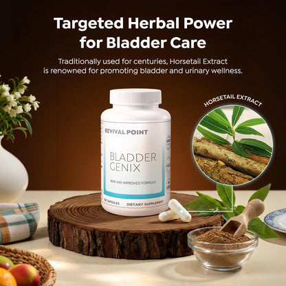 Side view of Revival Point Bladdergenix 56 capsules packaging for pelvic floor wellness