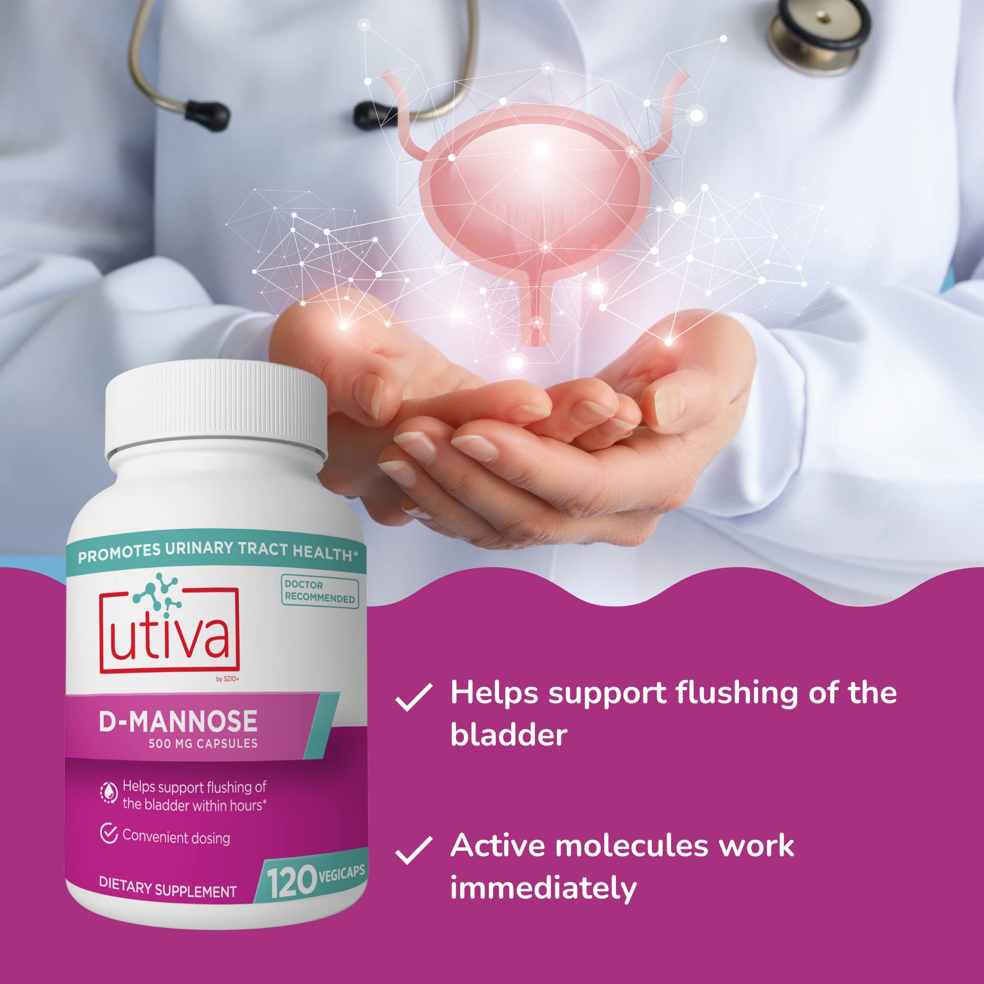 Utiva D-Mannose 500mg capsules showing vegan and non-GMO certification seals