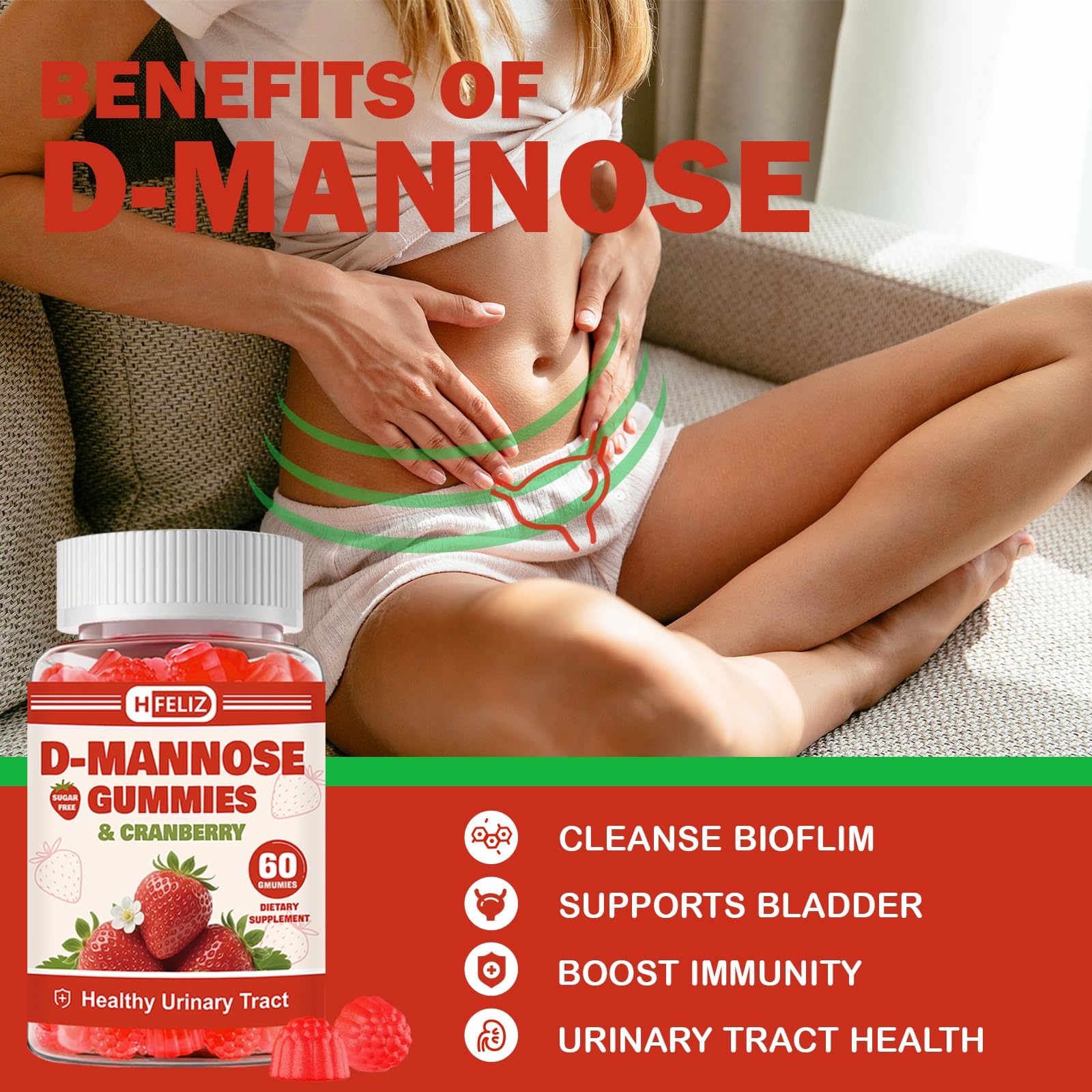 HFELIZ 1300mg D-Mannose for women supplement facts and ingredients label details