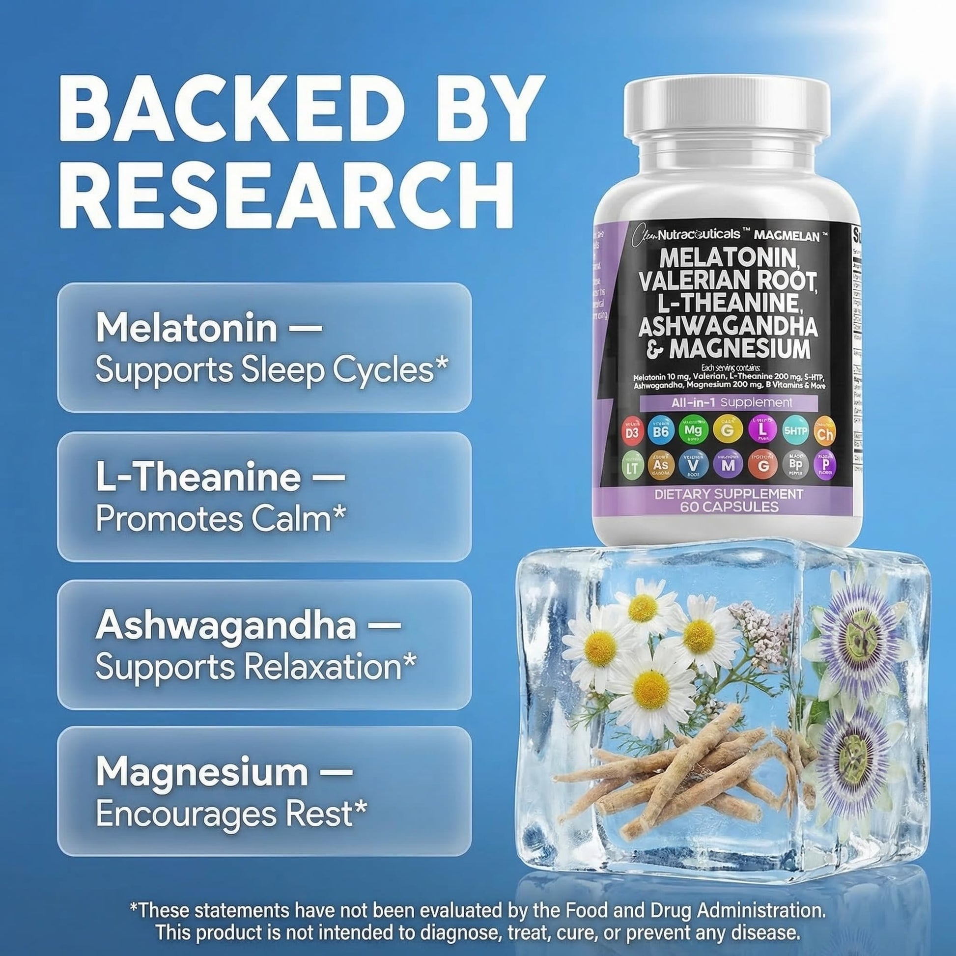 Clean Nutraceuticals melatonin 10mg with valerian root and magnesium bottle side view