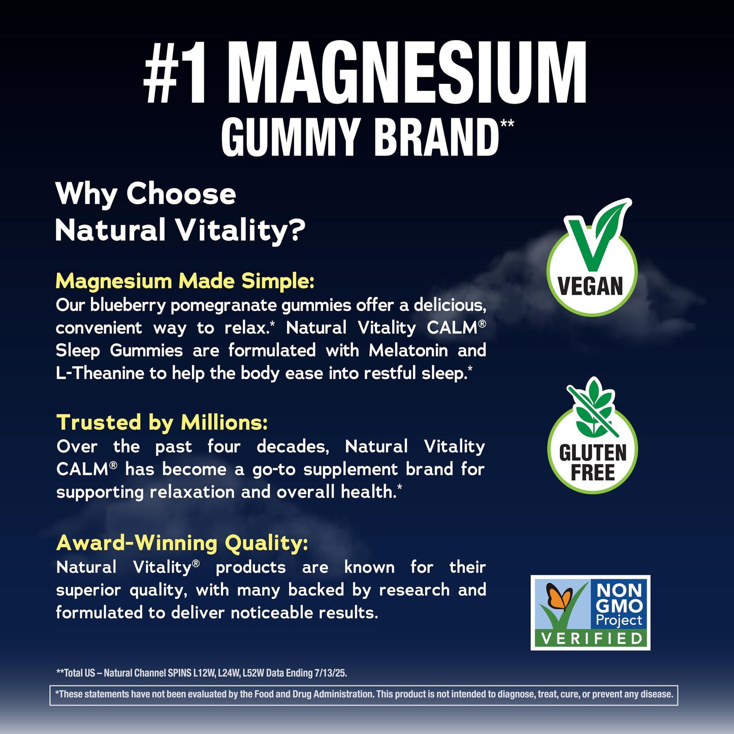 Natural Vitality non GMO vegan gluten free certification badges on back of sleep aid packaging