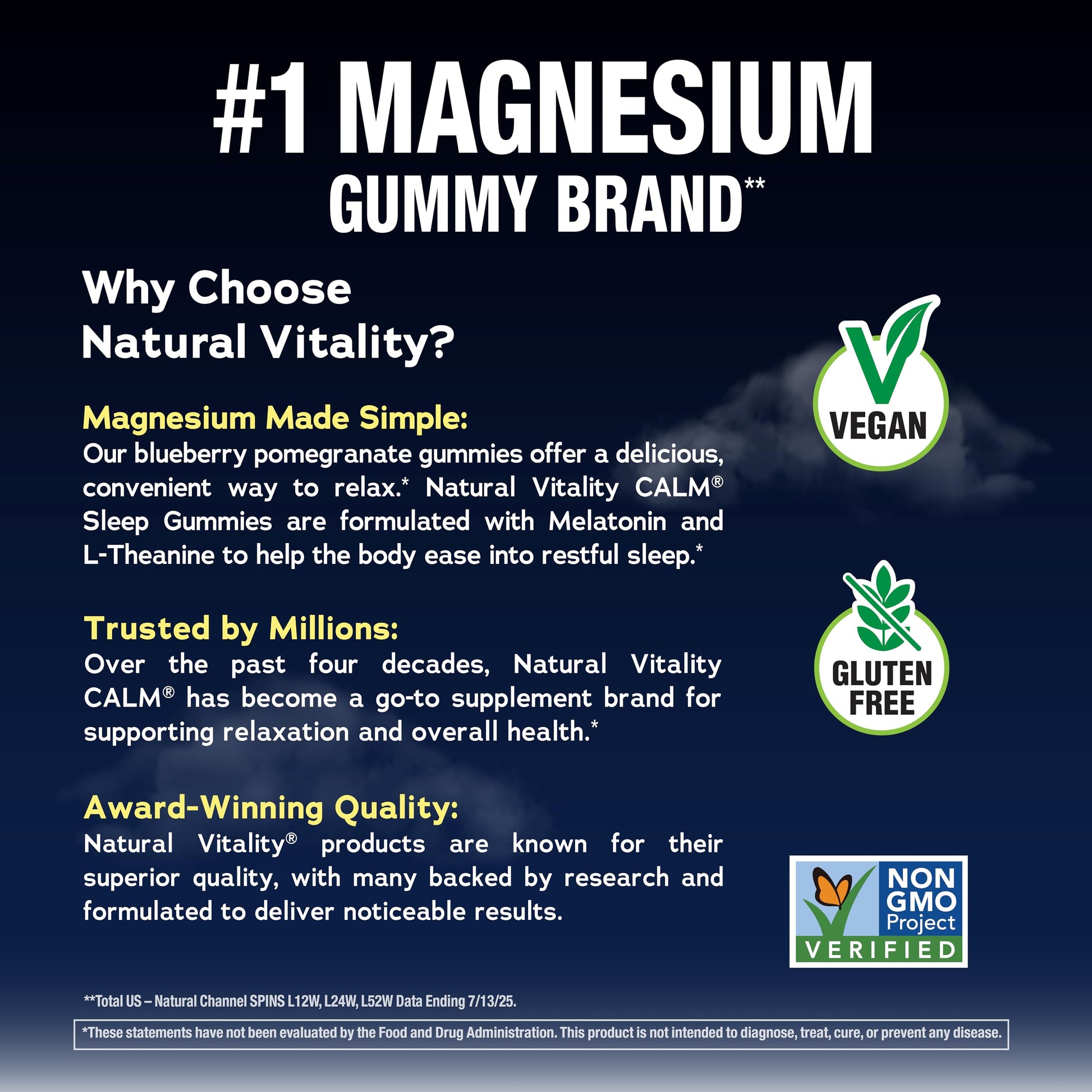 Natural Vitality non GMO vegan gluten free certification badges on back of sleep aid packaging