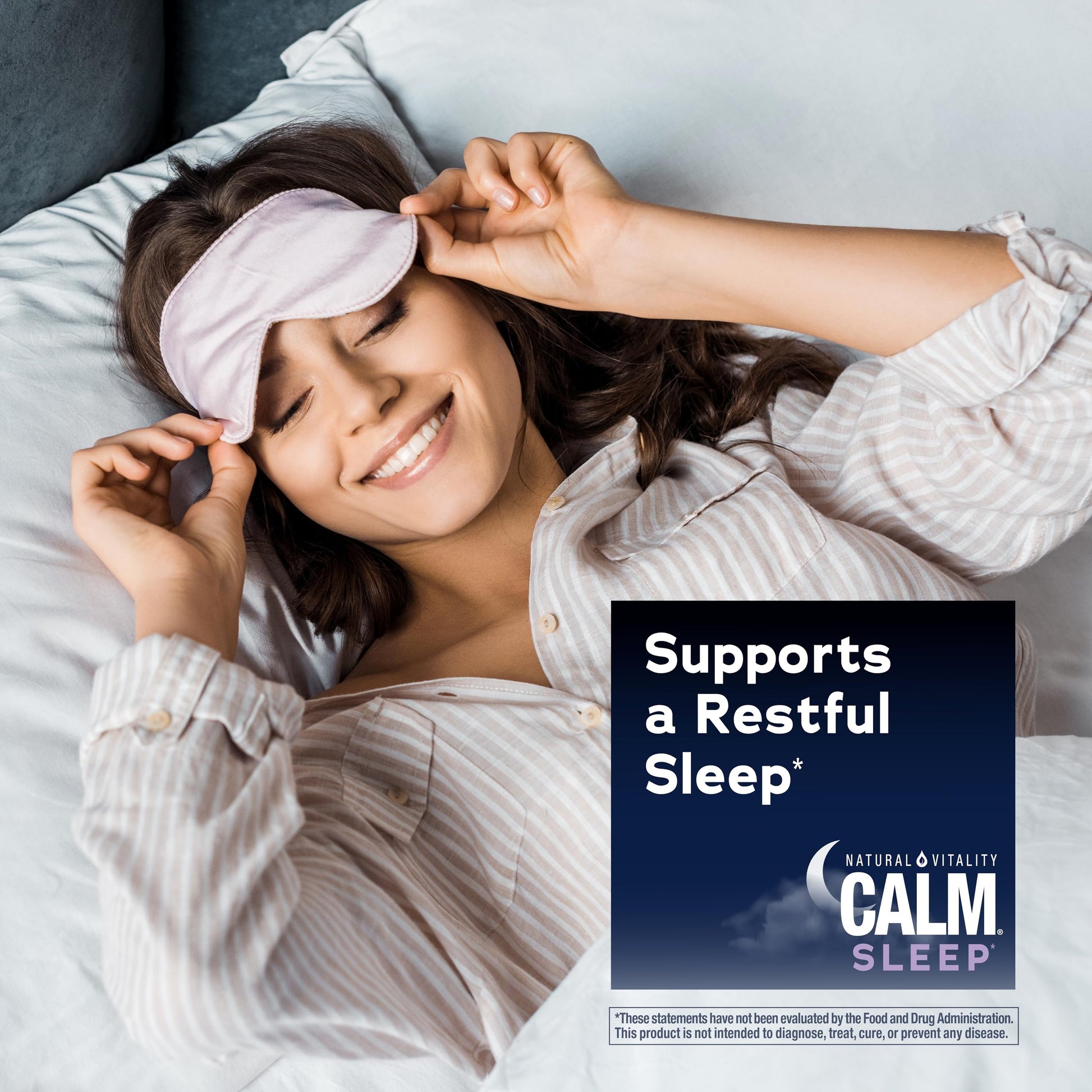 Natural Vitality Calm Sleep bottle display with protective safety seal highlighting authentic premium imports