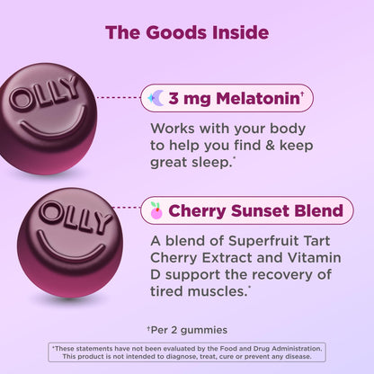 OLLY supplement bottle showing Berry Rested flavor details.