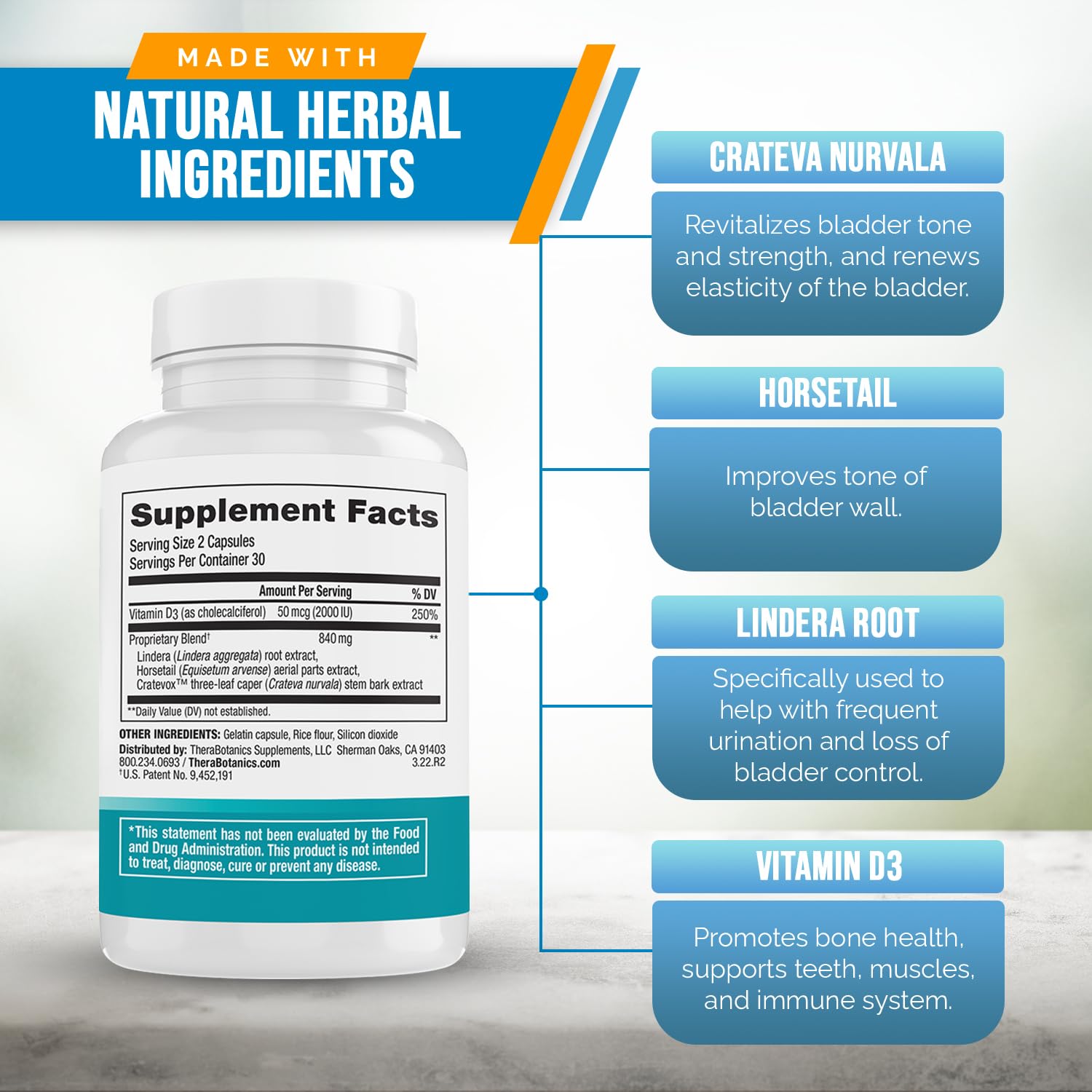Better Bladder dietary support supplement 60 count container showing Vitamin D3 benefits