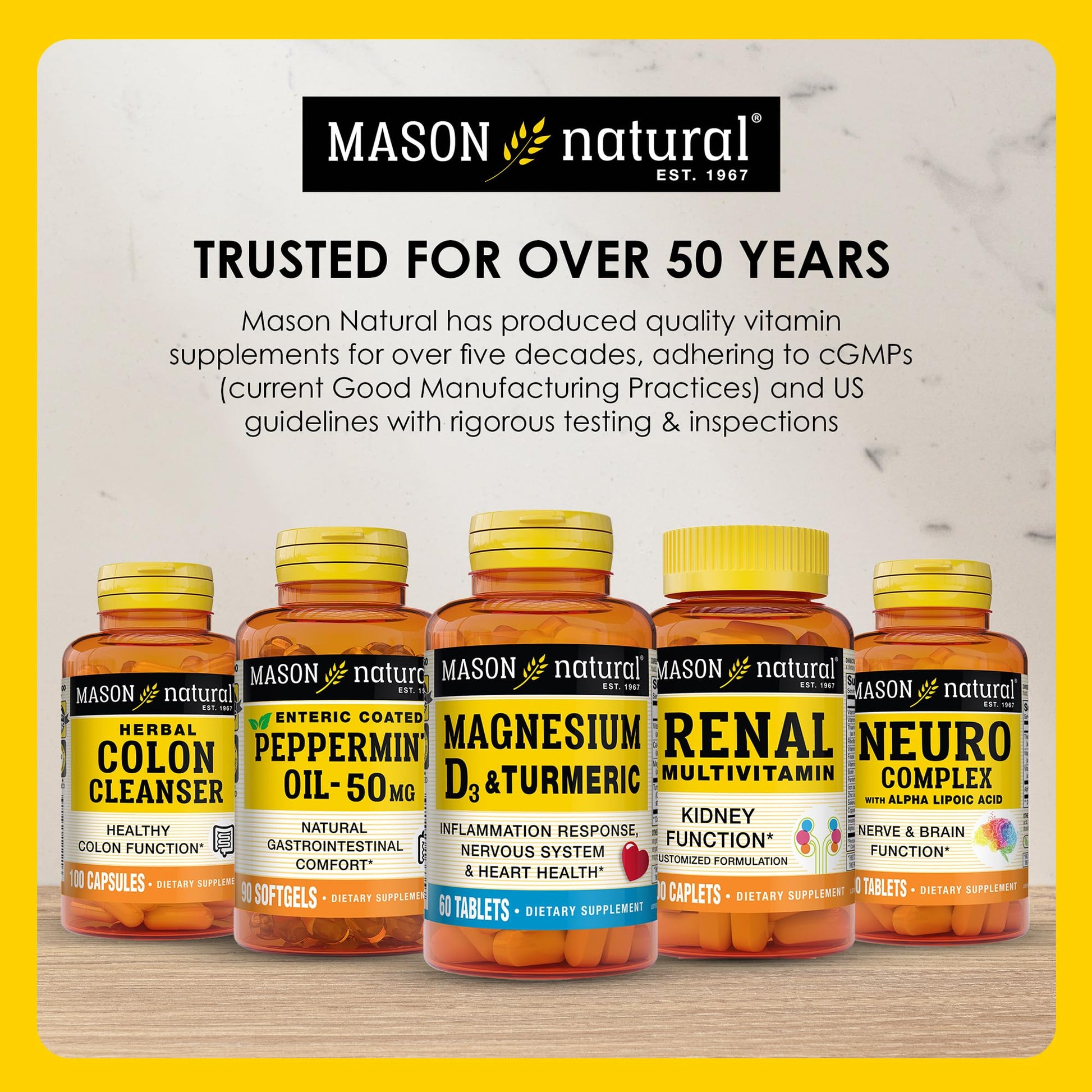 Mason Natural premium imported supplement container detailing the full thirty day supply specifications