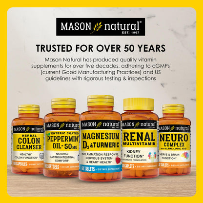 Mason Natural premium imported supplement container detailing the full thirty day supply specifications