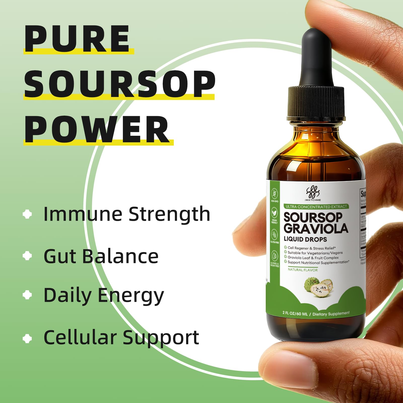 Side view of the 2 fluid ounce soursop liquid drops detailing the gut health and cell support instructions.
