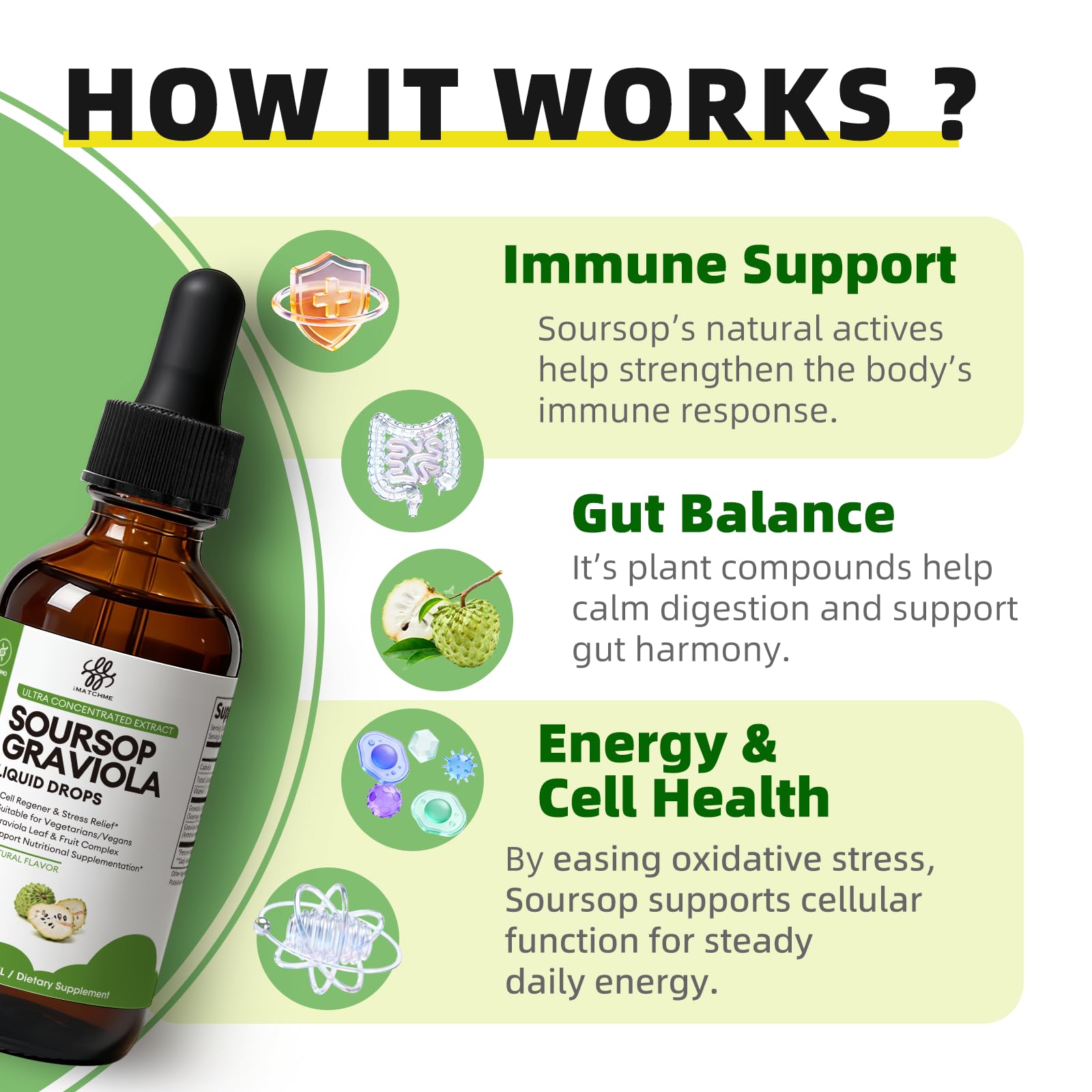 Authentic USA imported soursop graviola liquid bottle showing the non GMO and vegan friendly certifications.