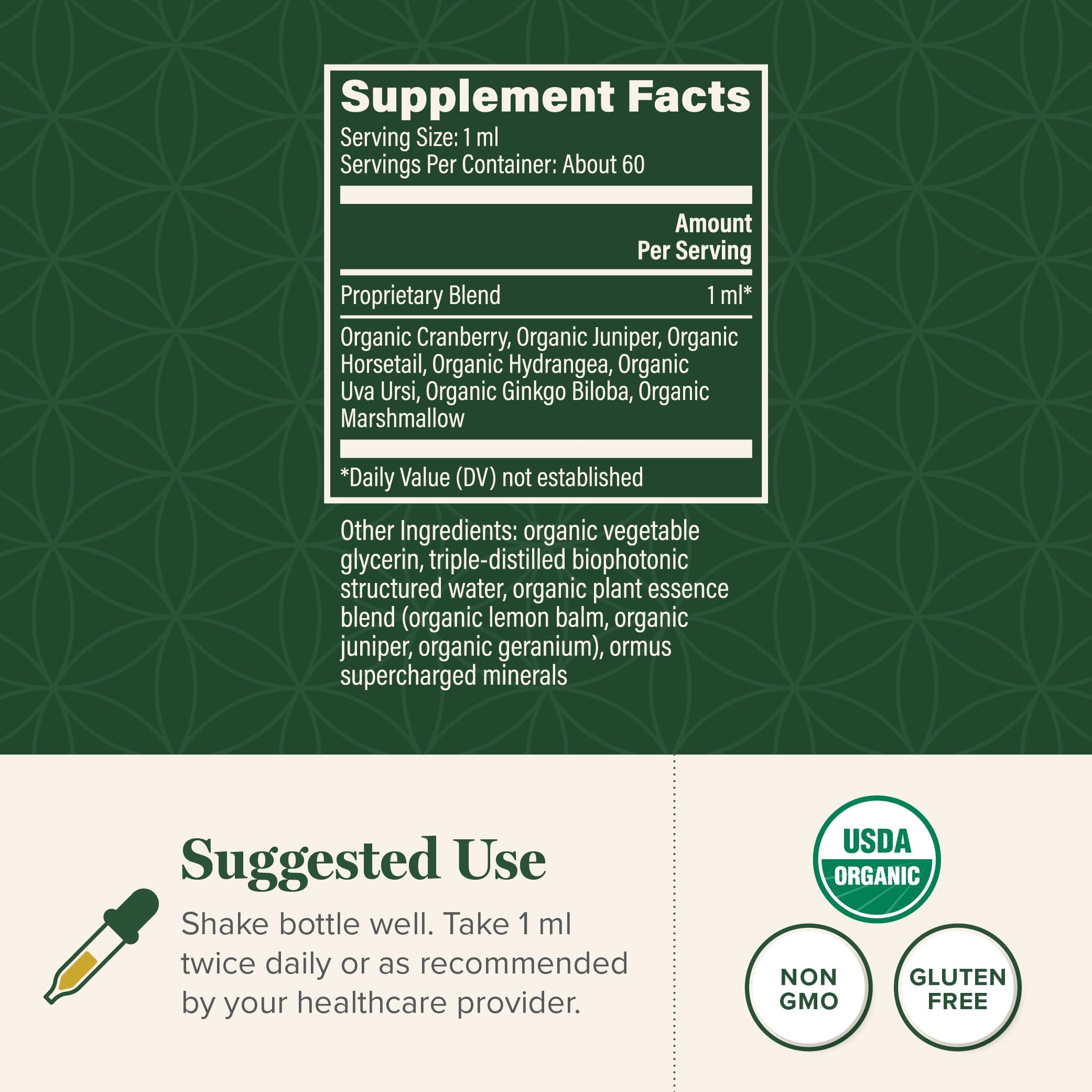 Organic kidney cleanse liquid supplement with dropper cap bottle