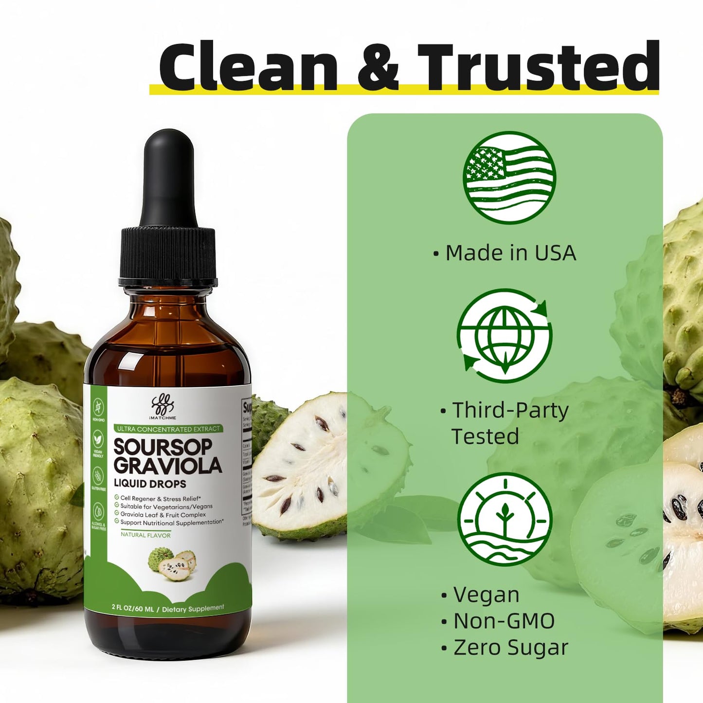 iMATCHME soursop graviola liquid complex bottle placed on a clean surface showing natural passion fruit flavor details.