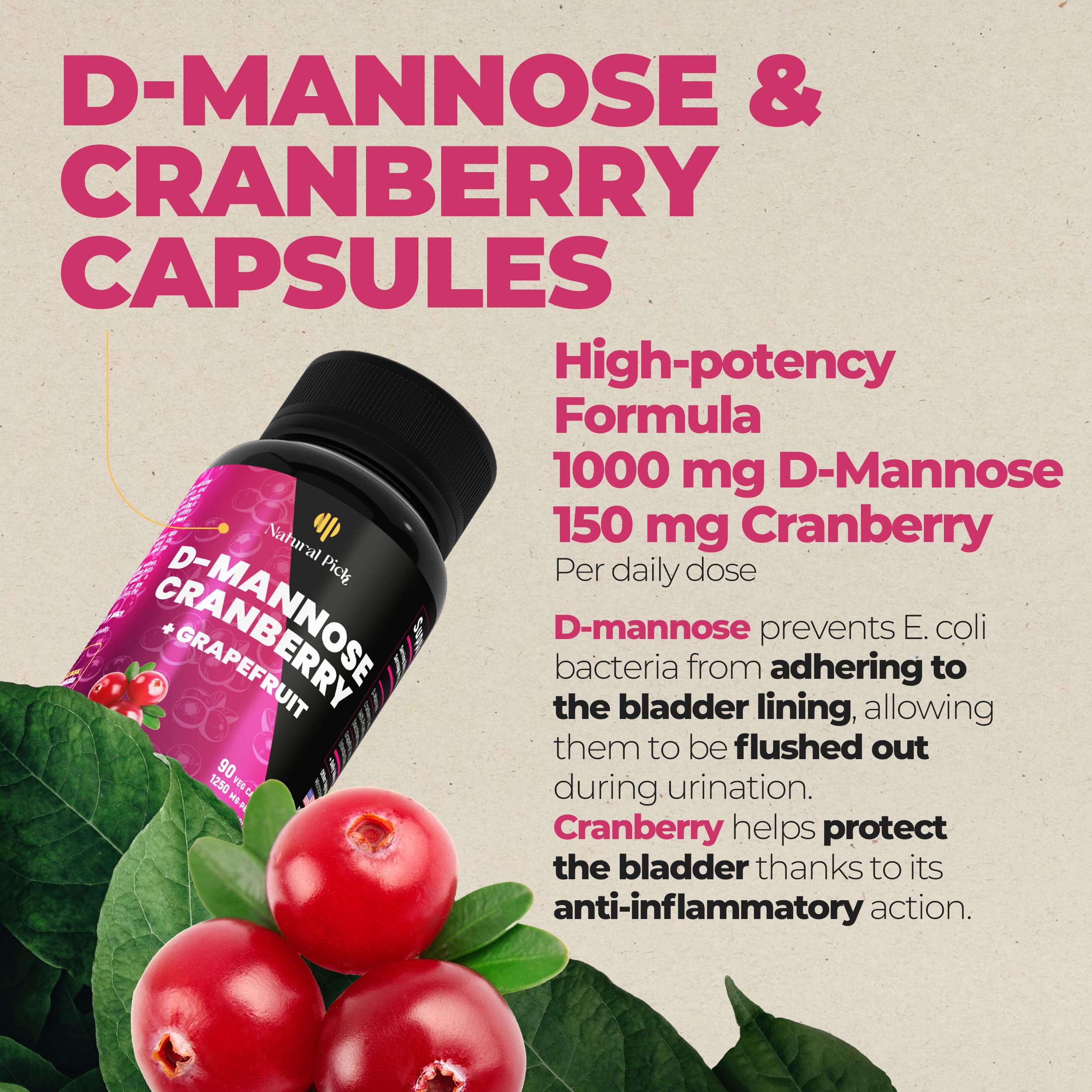 Natural Pick D-Mannose capsules bottle with ingredients list shown
