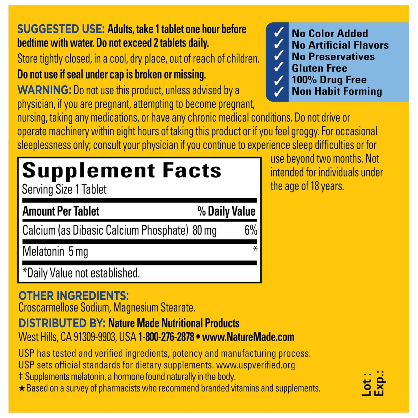 Nature Made Melatonin 5mg ninety tablet container showcasing brand quality seals