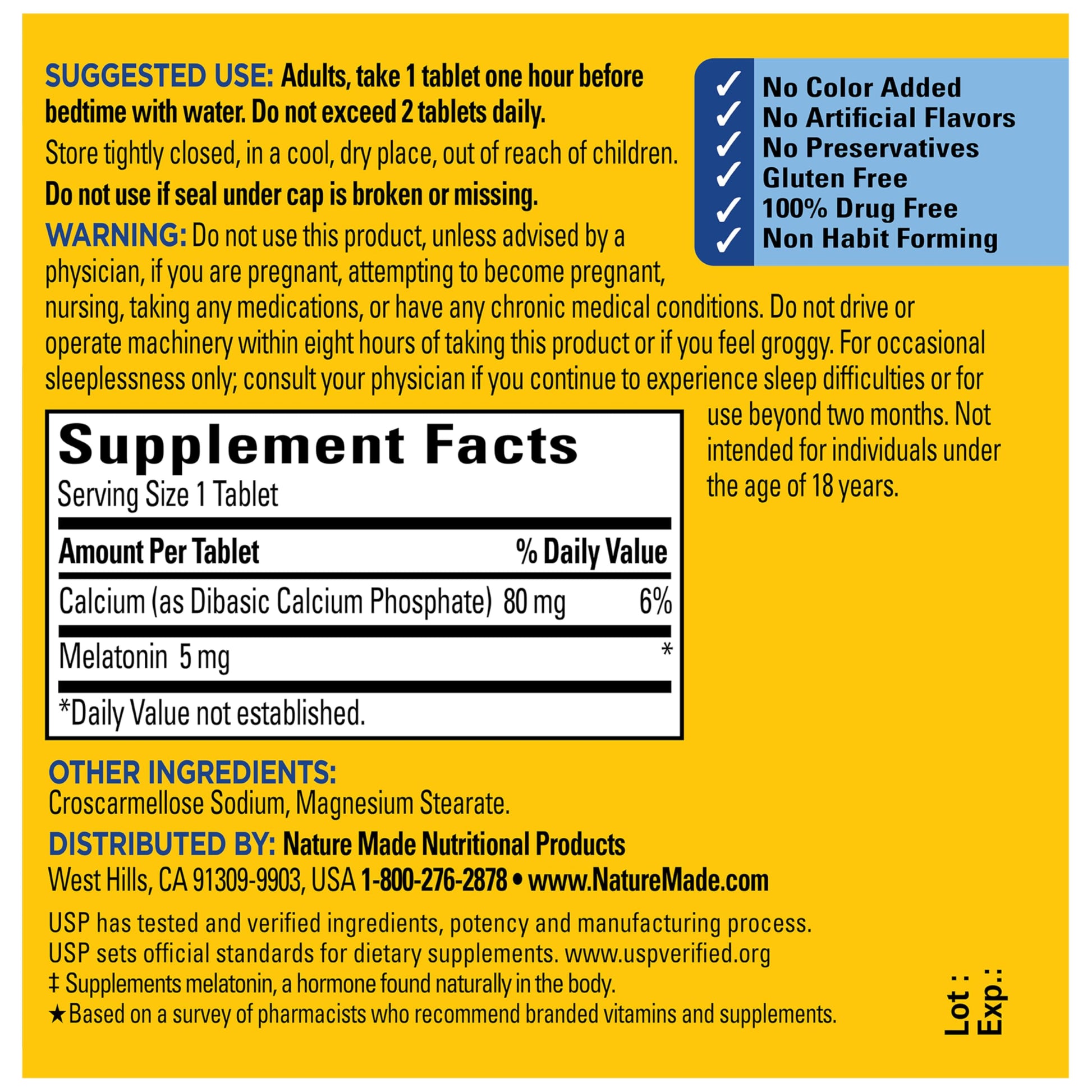 Nature Made Melatonin 5mg ninety tablet container showcasing brand quality seals