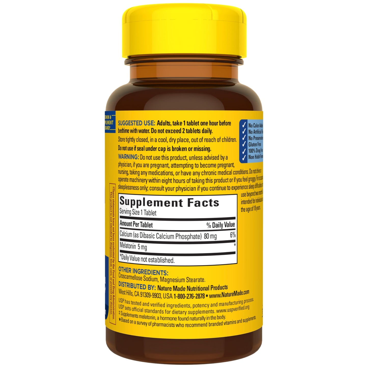 Imported Nature Made Melatonin supplement bottle highlighting non habit forming sleep benefits