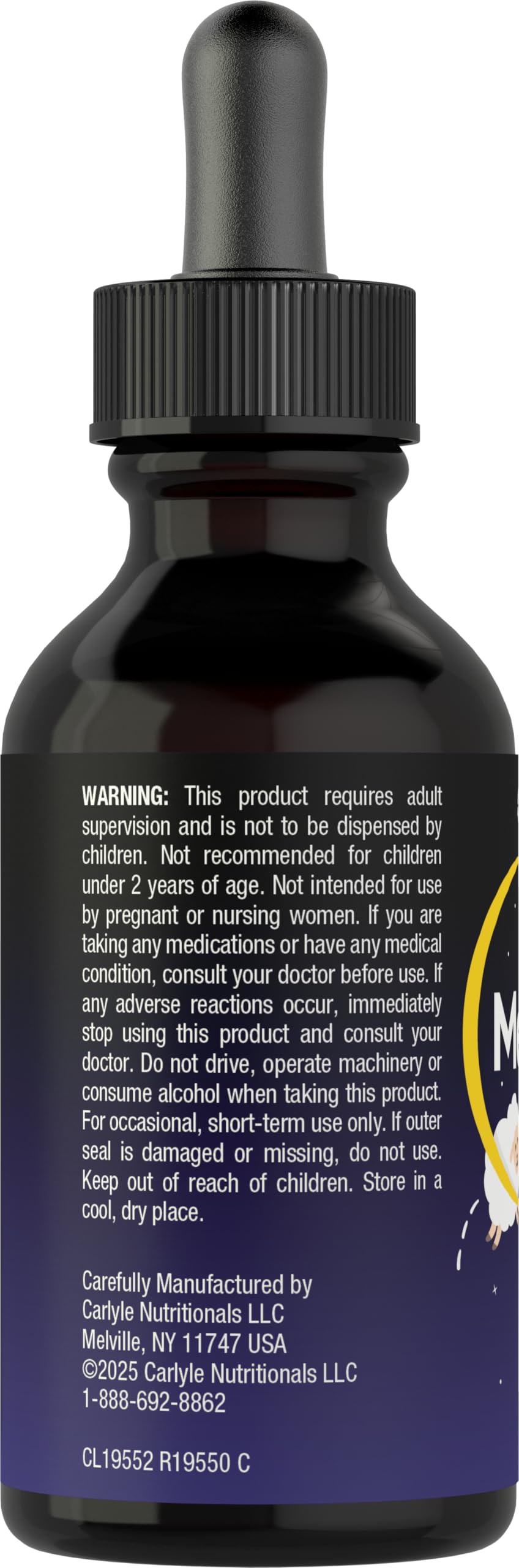 Back label of Carlyle Kids Melatonin showing one milligram supplement facts and ingredients