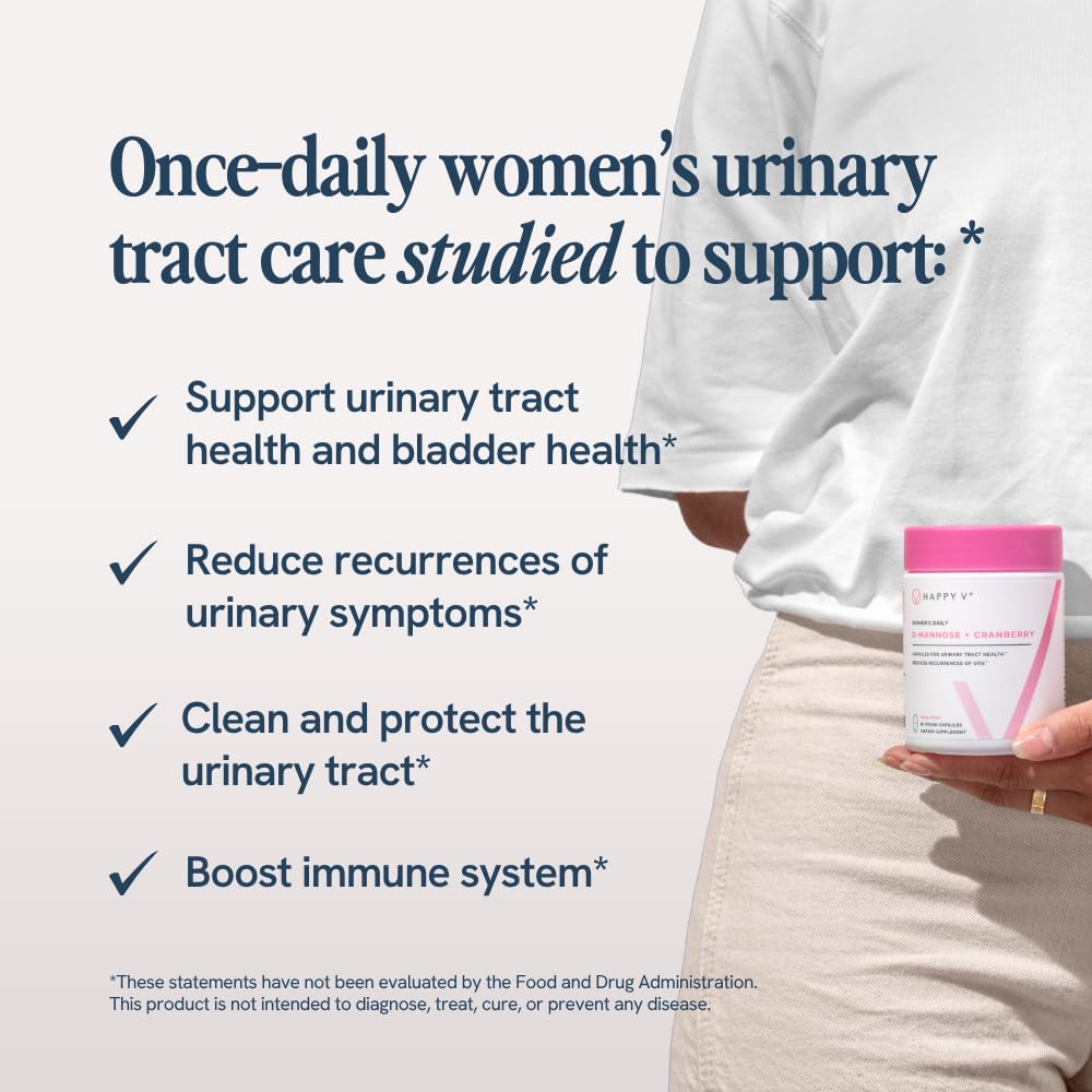 Happy V D-Mannose and cranberry capsules bottle showing supplement facts and clean ingredients