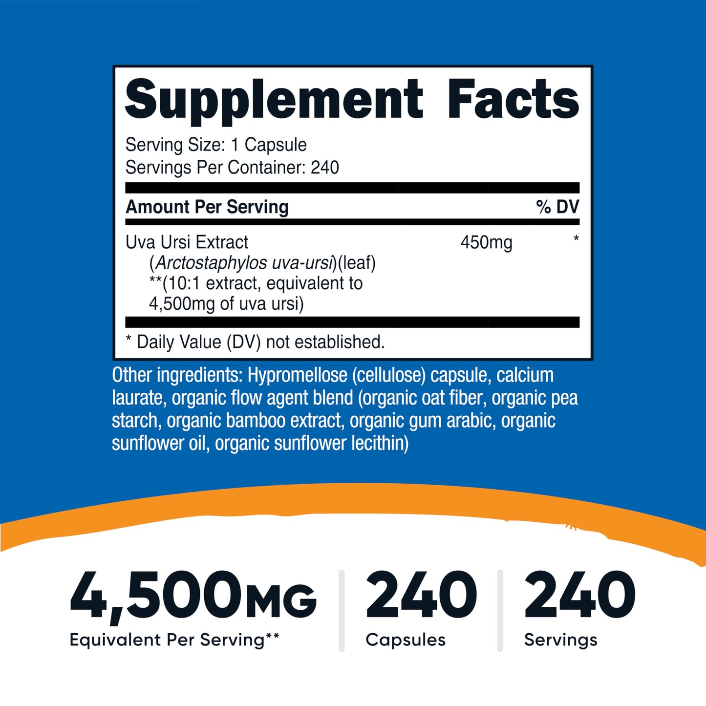 Nutricost Uva Ursi supplement label showing the 10:1 extract strength and ingredient list details