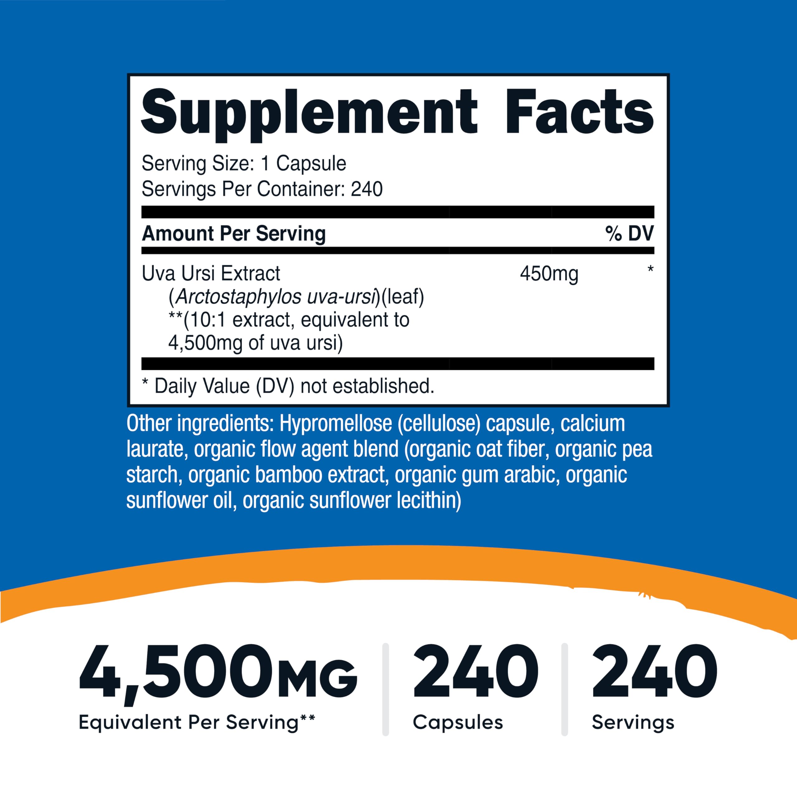 Nutricost Uva Ursi supplement label showing the 10:1 extract strength and ingredient list details