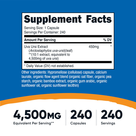 Nutricost Uva Ursi supplement label showing the 10:1 extract strength and ingredient list details