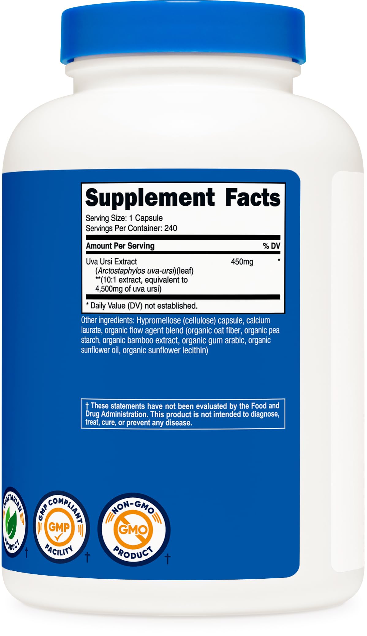 Back label of Nutricost Uva Ursi showing directions for taking one capsule daily with water