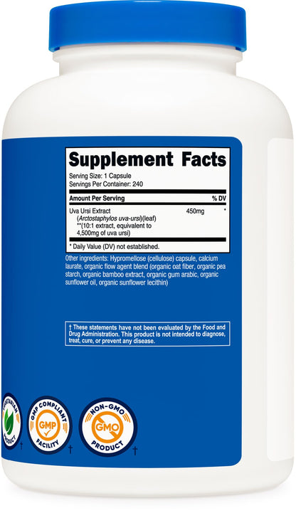 Back label of Nutricost Uva Ursi showing directions for taking one capsule daily with water