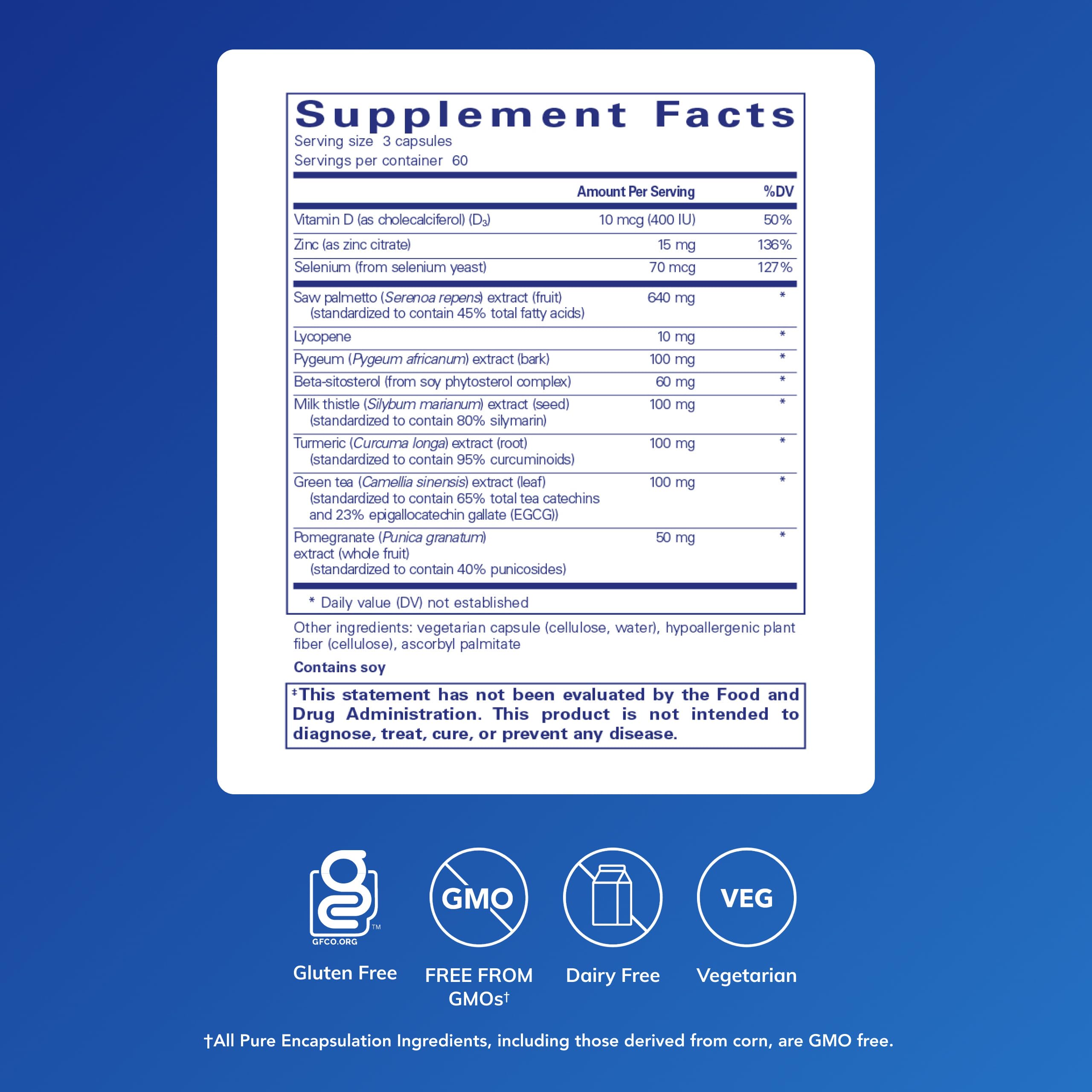Pure Encapsulations SP Ultimate dietary supplement supplement facts label showing saw palmetto and zinc dosage.