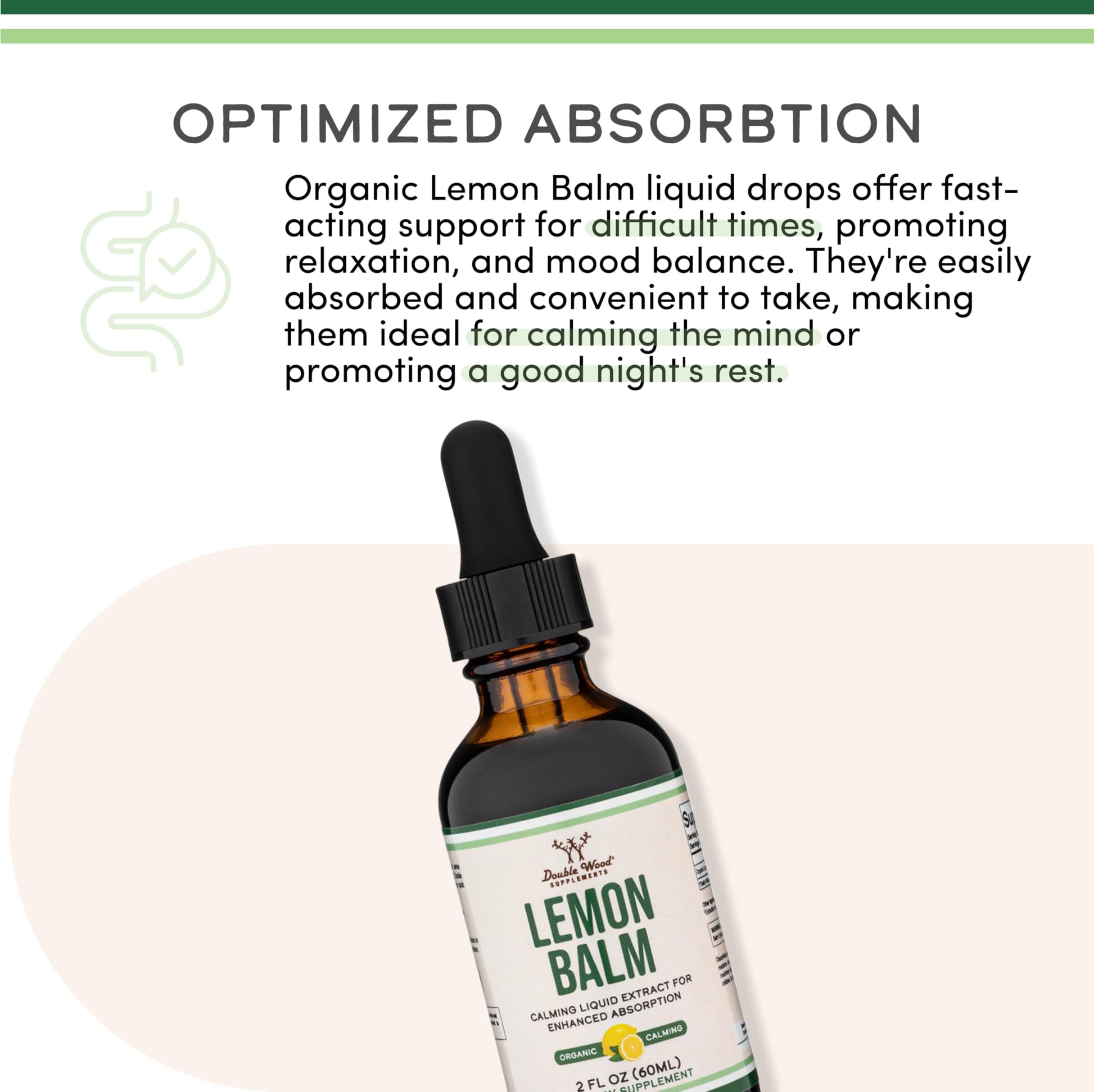 Side angle view of Double Wood alcohol free lemon balm tincture for relaxation