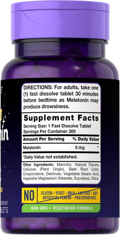 Carlyle Melatonin 5mg supplement label details showcasing vegetarian and non-GMO features