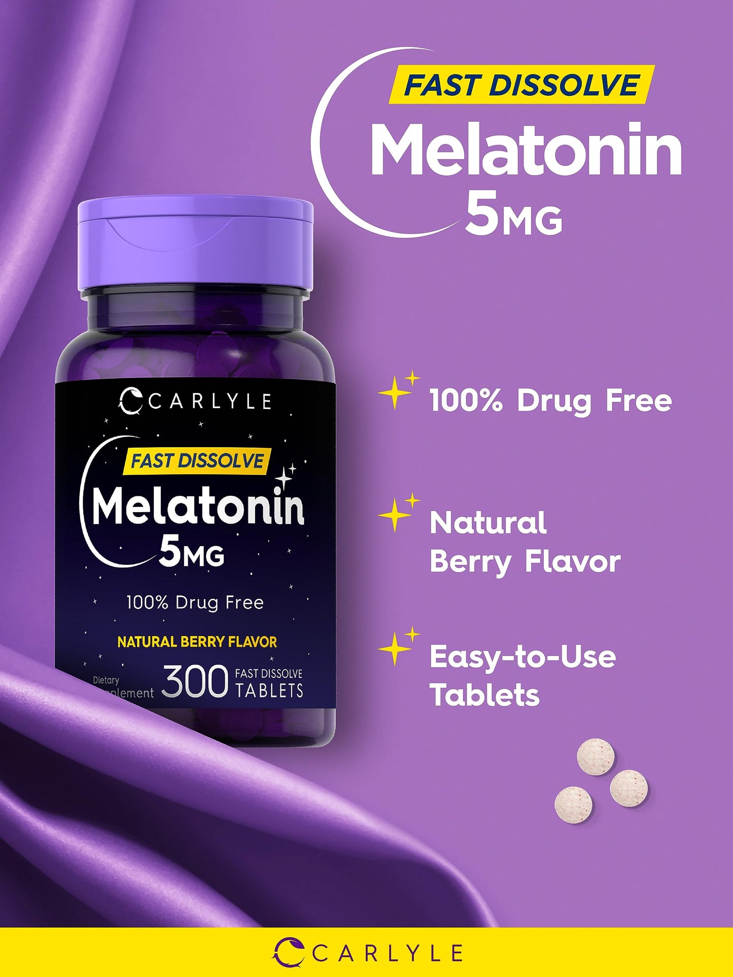 Back packaging of Carlyle Melatonin 300 tablets with full ingredient list and directions