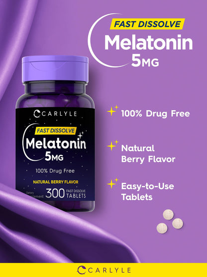 Back packaging of Carlyle Melatonin 300 tablets with full ingredient list and directions