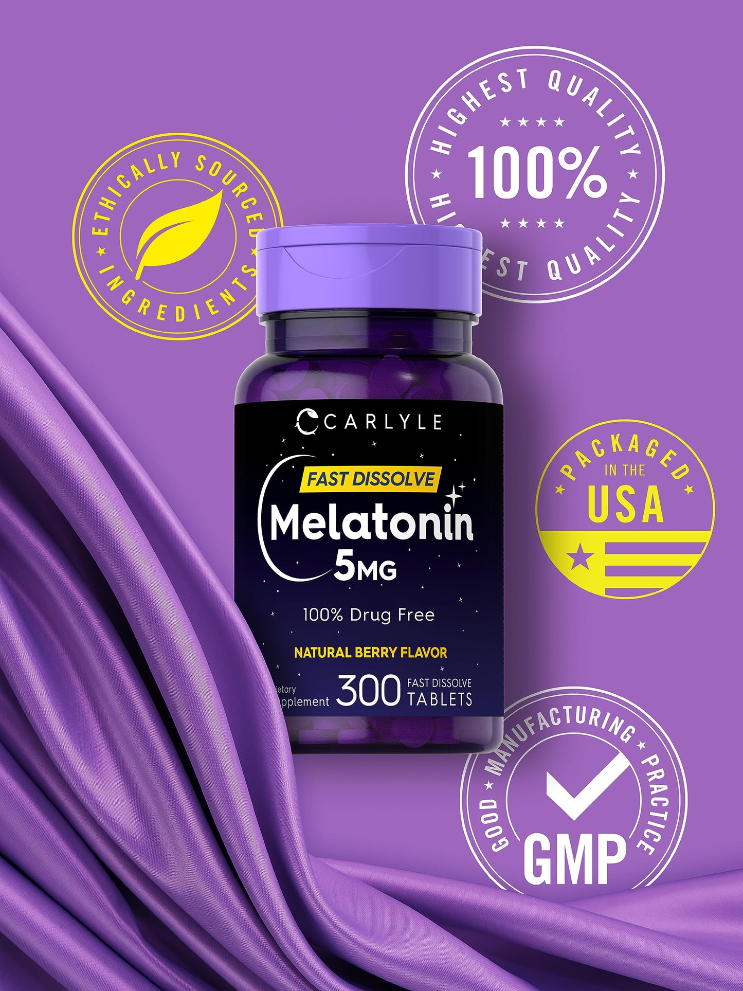 Side angle of Carlyle Melatonin 5 milligram berry flavored vegetarian supplement bottle