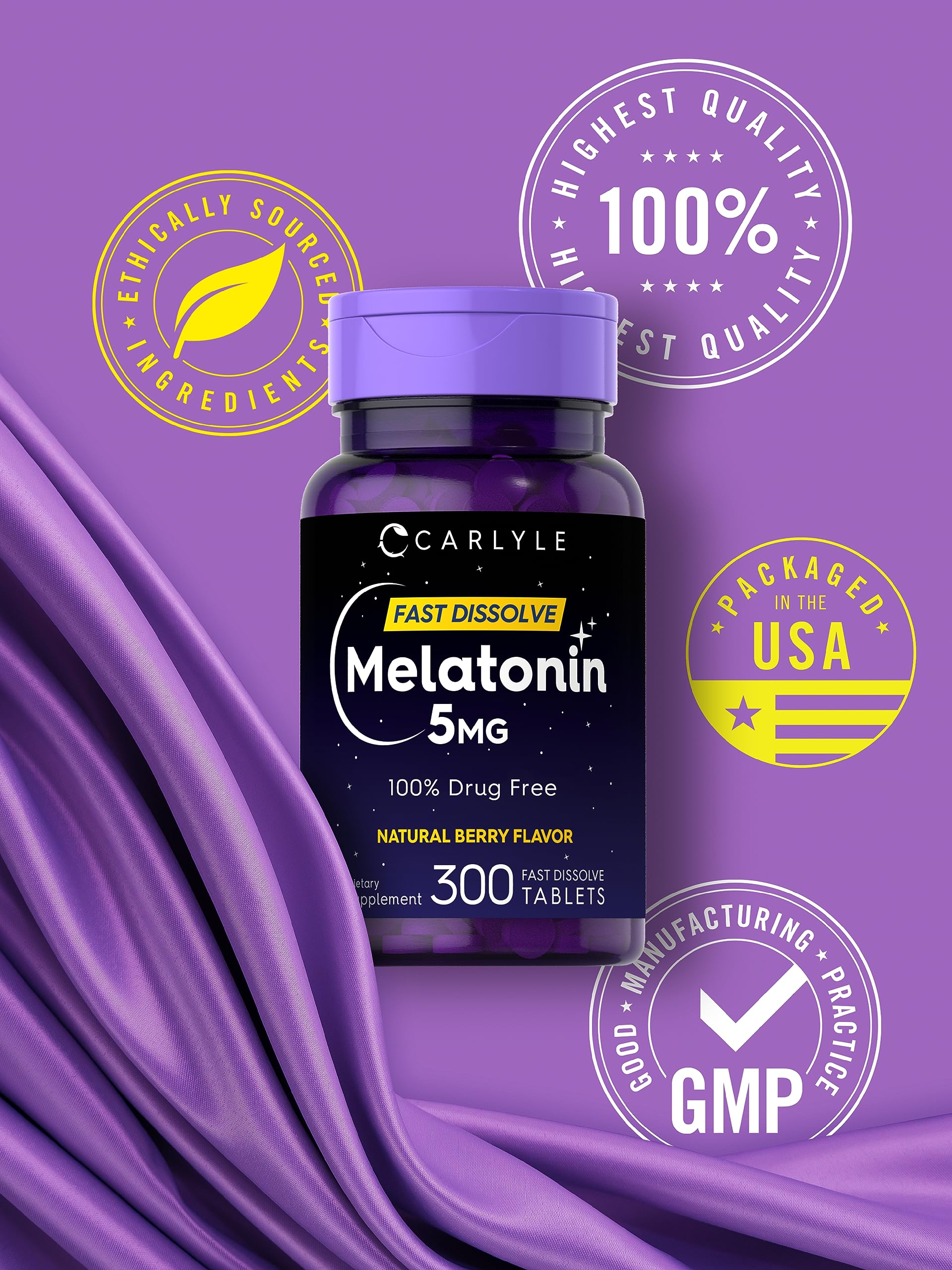 Side angle of Carlyle Melatonin 5 milligram berry flavored vegetarian supplement bottle