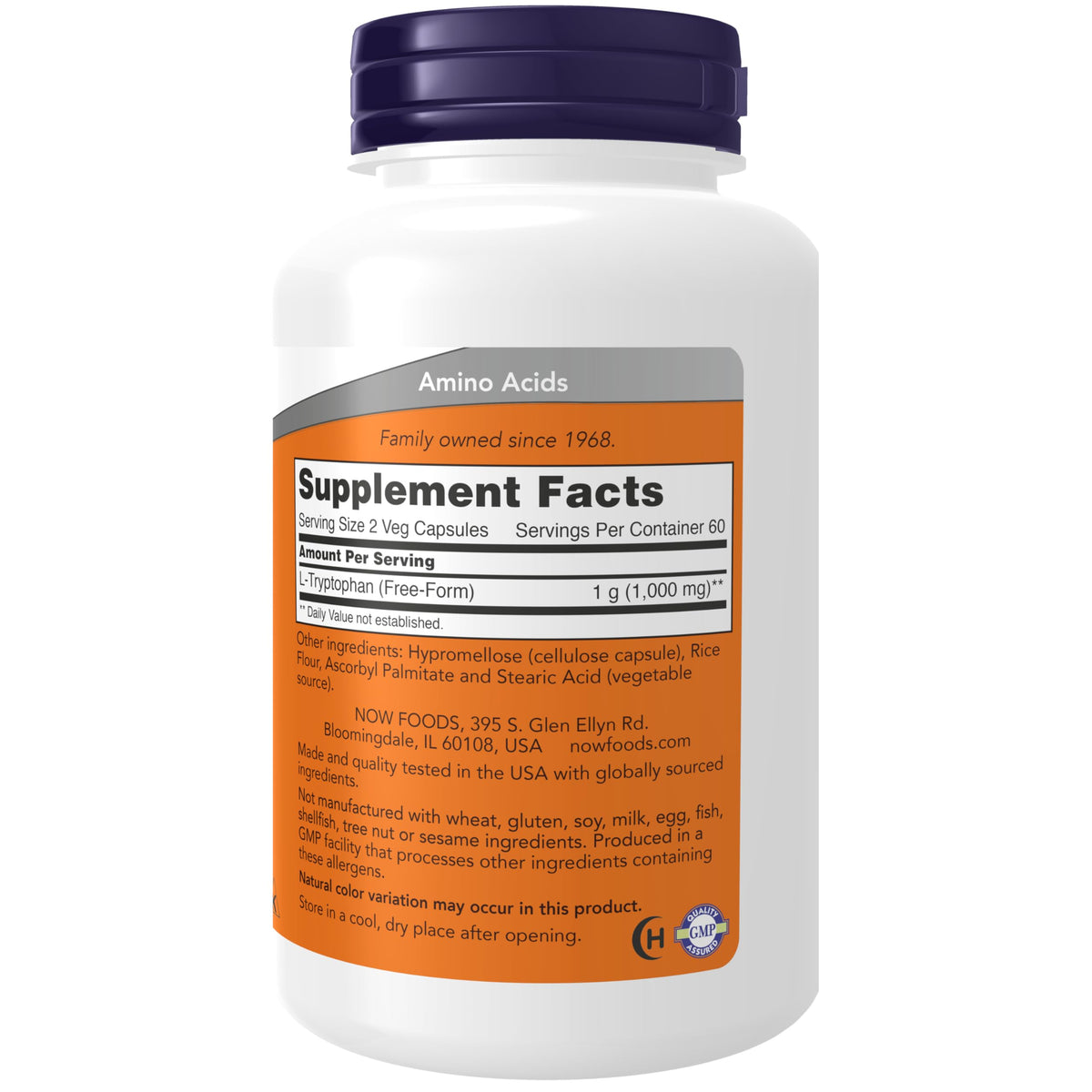 NOW Foods essential amino acid tryptophan 500mg supplement label detailing dietary facts